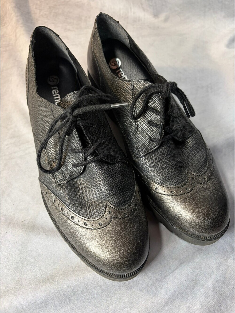 Remonte Metallic Pewter Leather Wingtip Oxford Shoes Women's EU 40 US 9.5